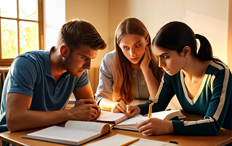 **
"A study group collaborating on exam preparation, books and notes scattered on the table, focused expressions, warm lighting, representing teamwork and knowledge sharing for a challenging professional exam."
**