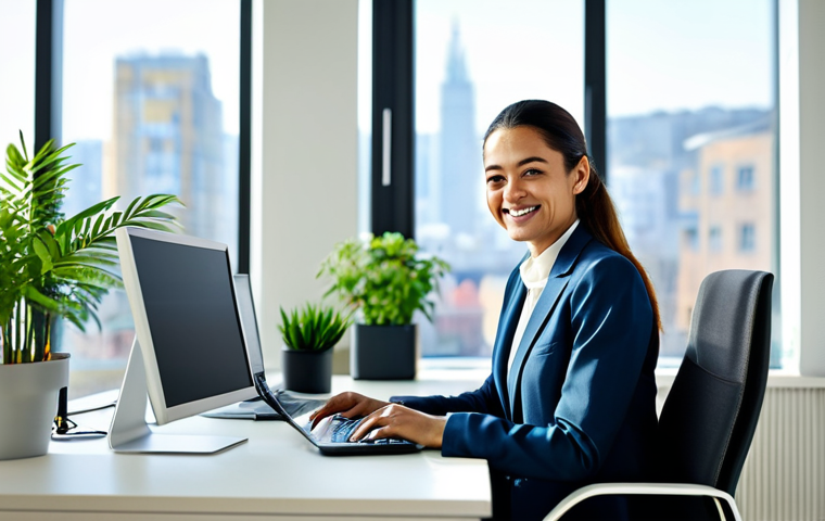 **

"A confident female Consulente del Lavoro (Labor Consultant) in a modern, brightly lit office, wearing a stylish, modest business suit, smiling warmly while reviewing data on a computer screen. Background includes blurred cityscape view through the window and a few plants. The atmosphere conveys professionalism and approachability. Fully clothed, appropriate attire, safe for work, perfect anatomy, natural proportions, professional photography, high quality."

**