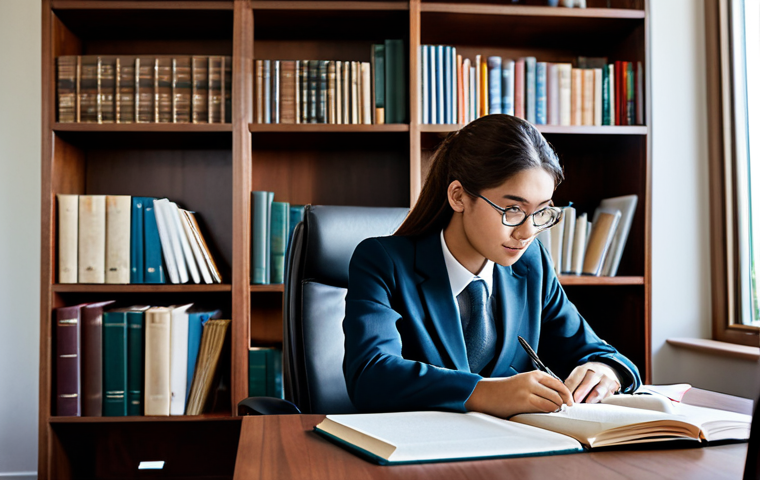 **

"A young professional, fully clothed in a modest business attire, is studying diligently at a desk filled with legal books and documents. The setting is a well-lit, organized home office with bookshelves in the background. The scene is professional and family-friendly, safe for work, showing perfect anatomy and natural proportions. Focus on capturing the dedication to academic preparation. Quality: high resolution, detailed, realistic."

**