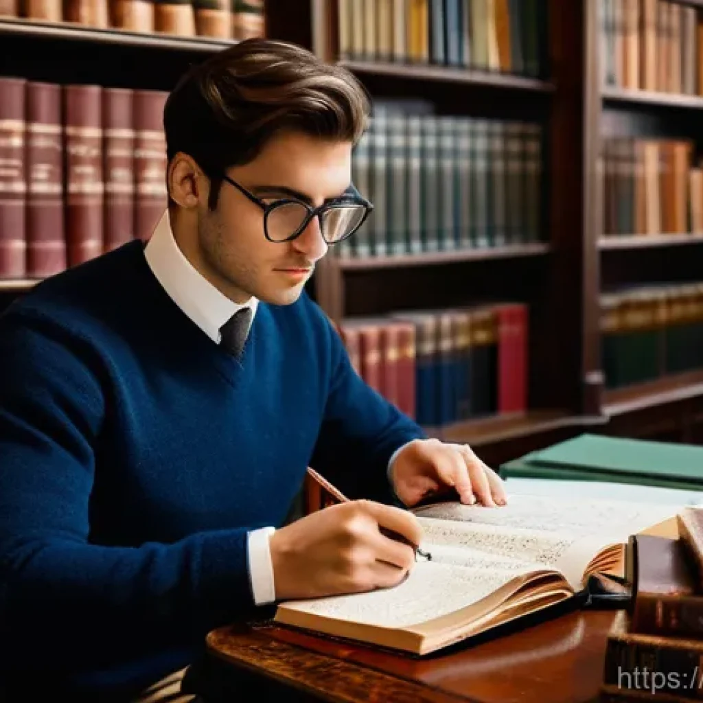 노무사 실기 시험의 성공 전략 - A focused young Italian law student, male, in his late twenties, sits at a classic wooden desk in a ...
