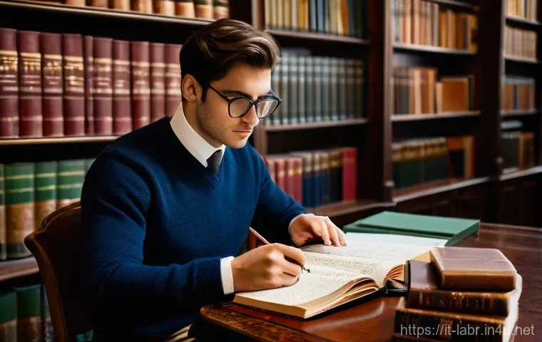 노무사 실기 시험의 성공 전략 - A focused young Italian law student, male, in his late twenties, sits at a classic wooden desk in a ...