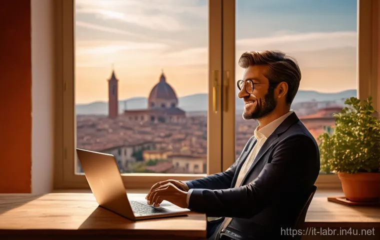 근로기준법 주요 쟁점 - **Prompt:** A serene and modern Italian home office scene, depicting a professional in their late 30...