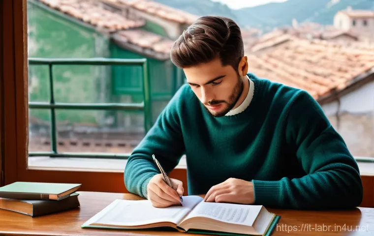 공인노무사 학습에서 자주 하는 실수 - **Prompt: "A focused Italian law student, approximately 25 years old, male, meticulously organizing ...