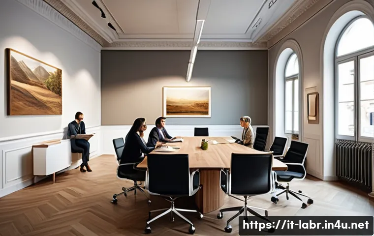 노무사 실무 케이스 분석 - A professional workplace mediation scene in a modern Italian office, showing a diverse group of busi...