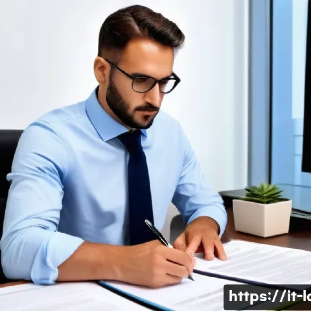 노무사와 근로자 보호 역할 - A professional Italian labor consultant in a modern office setting, attentively reviewing detailed e...