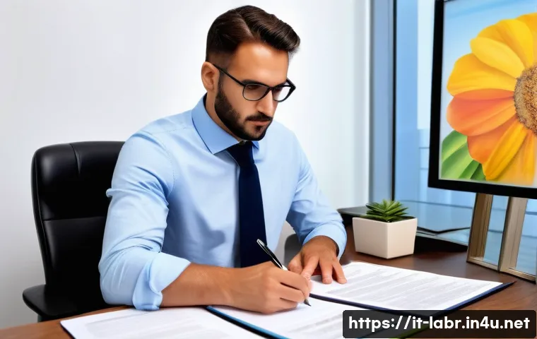 노무사와 근로자 보호 역할 - A professional Italian labor consultant in a modern office setting, attentively reviewing detailed e...