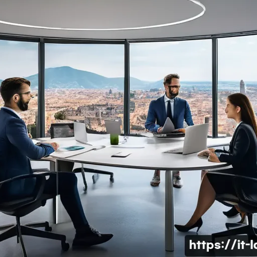 공인노무사와 기업 자문 사례 - A modern Italian small business office scene, showing a diverse group of professionals engaged in a ...