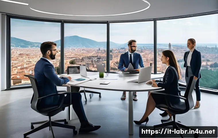 공인노무사와 기업 자문 사례 - A modern Italian small business office scene, showing a diverse group of professionals engaged in a ...