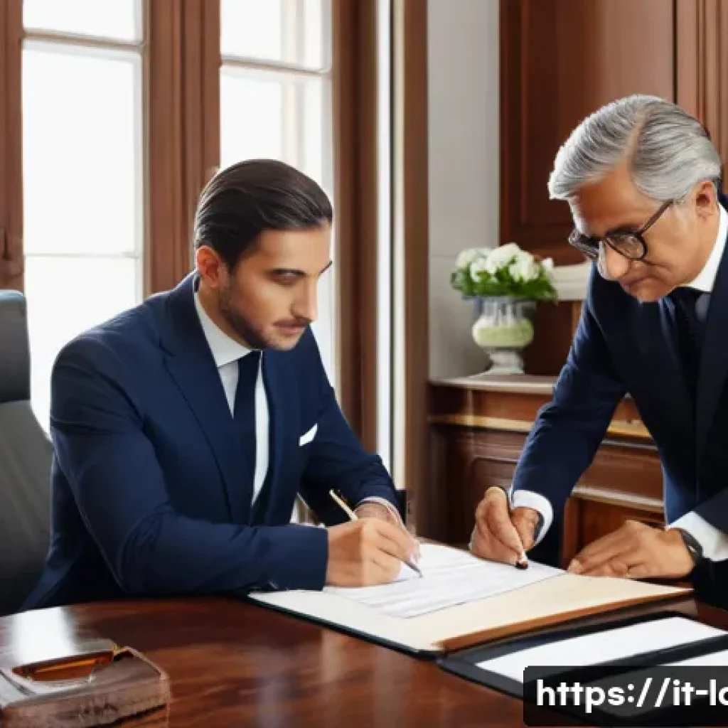 노동법 용어 정리와 해석 - A professional office scene depicting an Italian labor contract signing: a well-dressed worker and e...