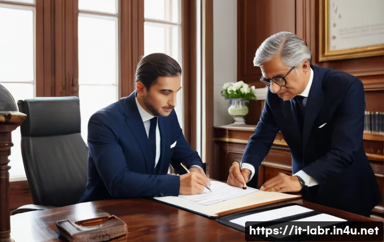 노동법 용어 정리와 해석 - A professional office scene depicting an Italian labor contract signing: a well-dressed worker and e...