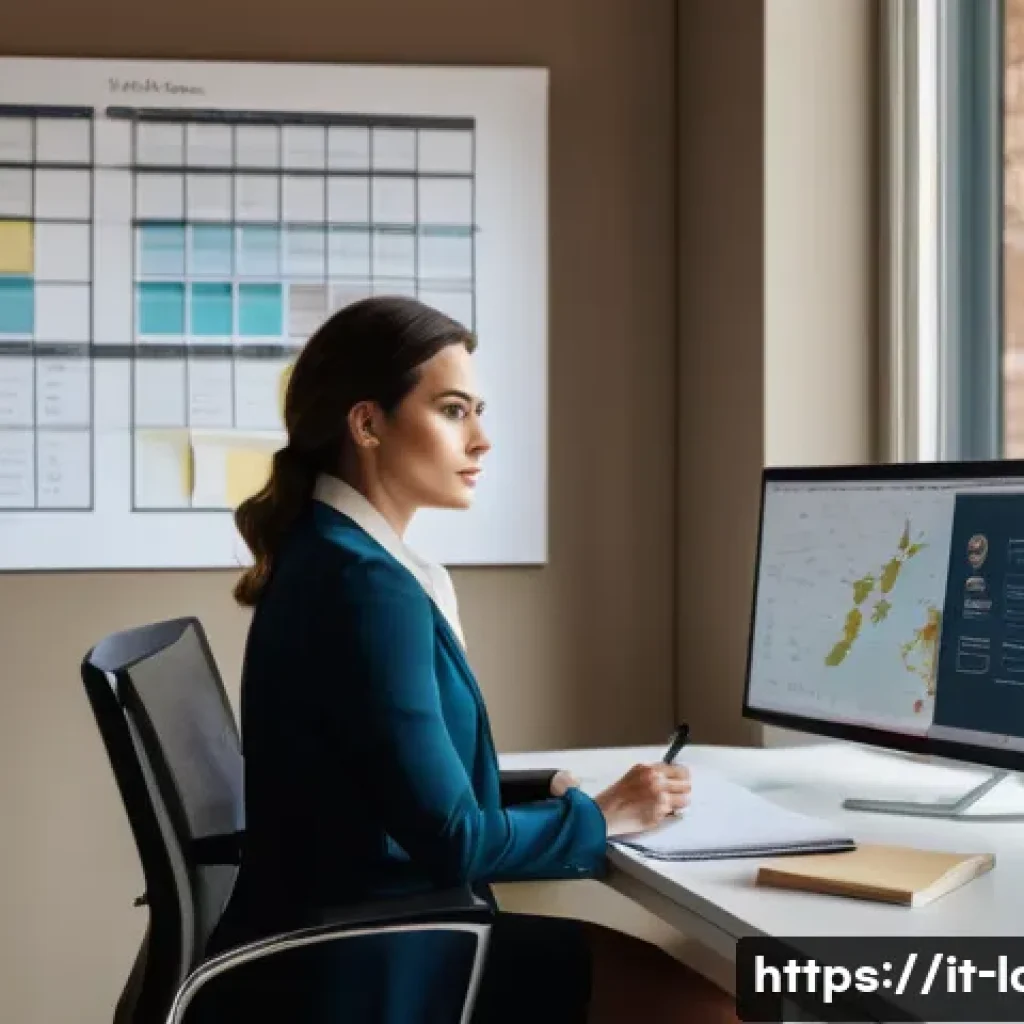 노무사 실무에서의 시간 관리 - A modern Italian office scene showing a professional woman in business casual attire sitting at a sl...