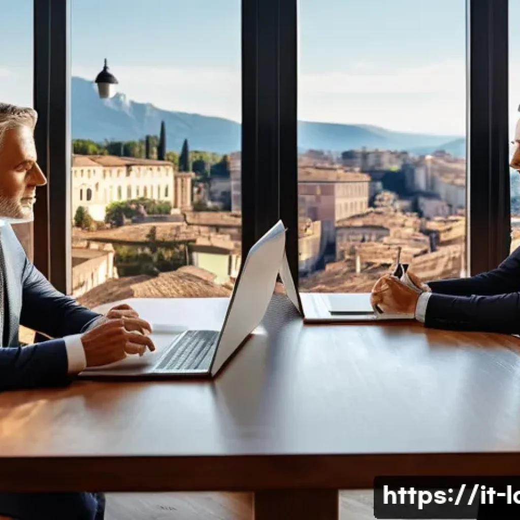 노무사로 일하면서 느끼는 보람 - A professional mediation scene in a modern Italian office: a well-dressed male mediator attentively ...