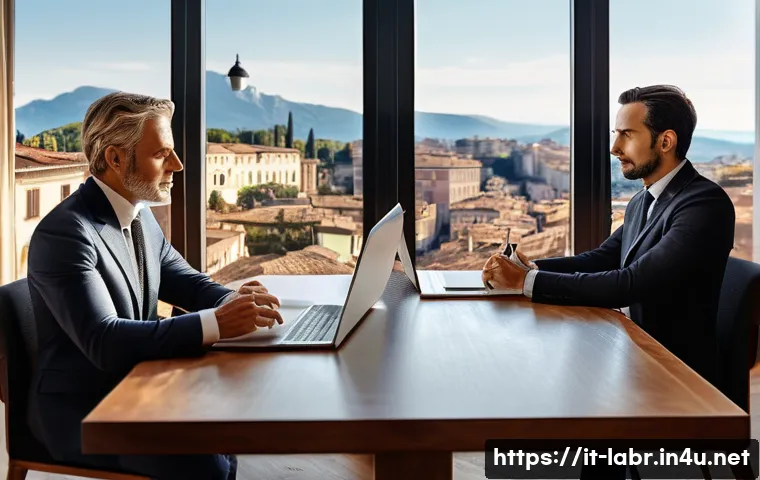 노무사로 일하면서 느끼는 보람 - A professional mediation scene in a modern Italian office: a well-dressed male mediator attentively ...