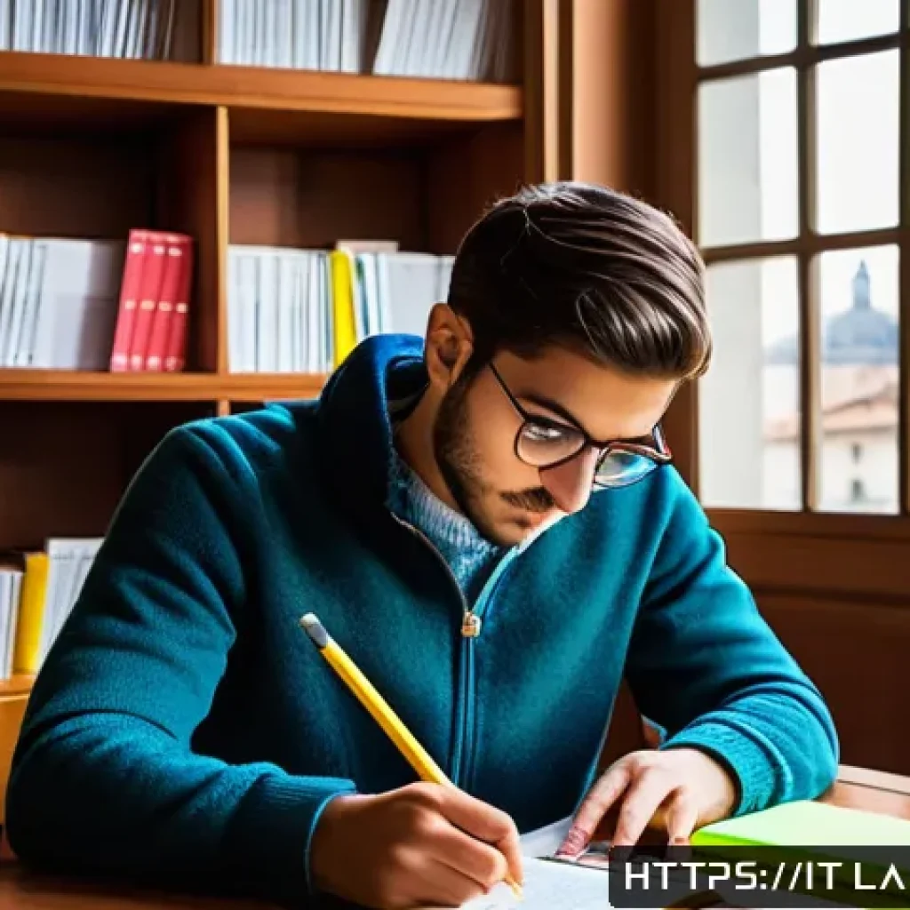 노동법 시험의 기출문제와 트렌드 - A focused Italian university student sitting at a wooden desk covered with open law textbooks and co...