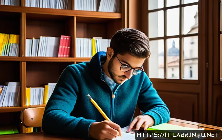 노동법 시험의 기출문제와 트렌드 - A focused Italian university student sitting at a wooden desk covered with open law textbooks and co...