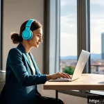 Home 23 노동법 변화와 시험 출제 예상 - A modern Italian office scene illustrating agile work from home: a professional woman in smart casua...