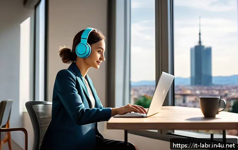 노동법 변화와 시험 출제 예상 - A modern Italian office scene illustrating agile work from home: a professional woman in smart casua...